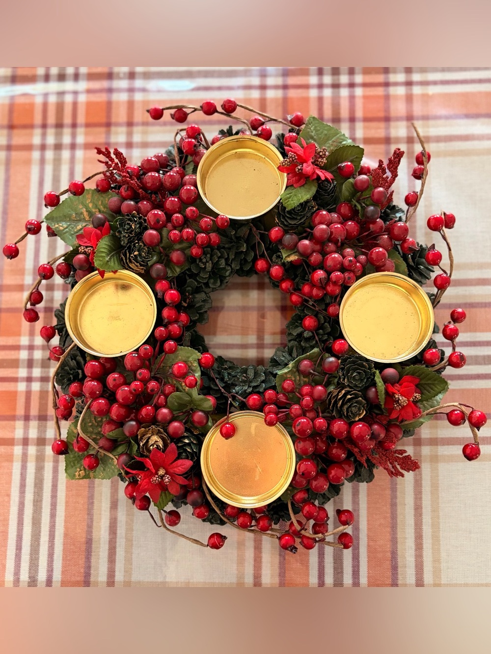 Holiday Berry Candle Ring Tealight Holder Wreath - Table Accent Red and Gold